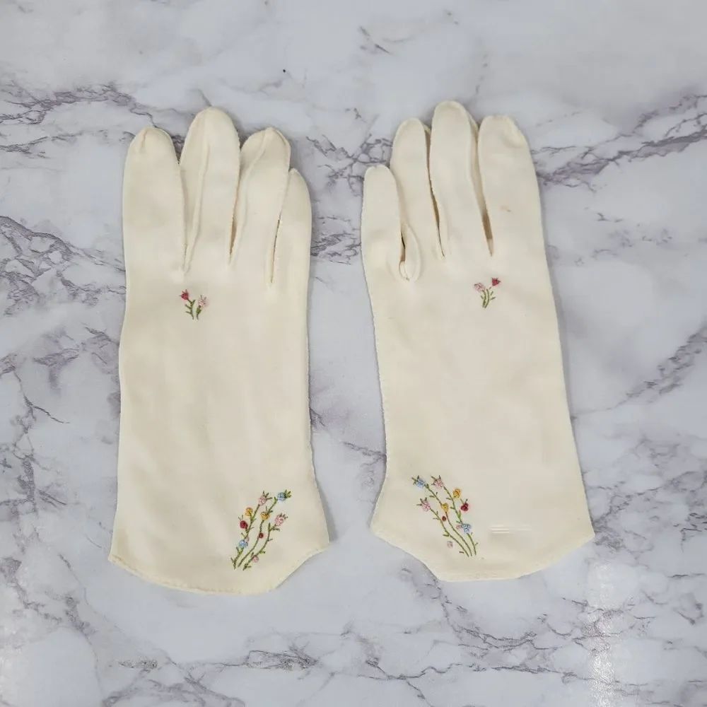 50s Vintage Cream Hand Floral Flower Embroidered Women's Dress Gloves